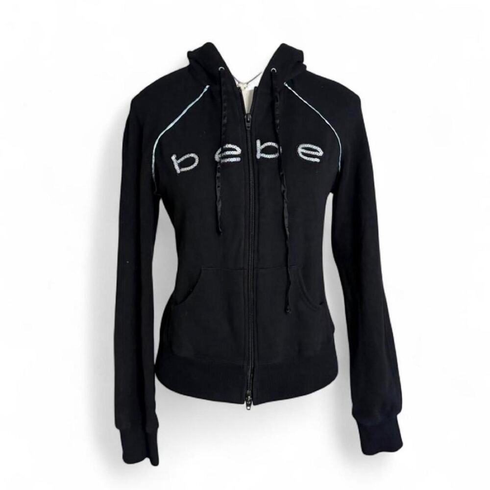 Y2K Bebe black zip up hoodie white piping along the shoulders sleeves